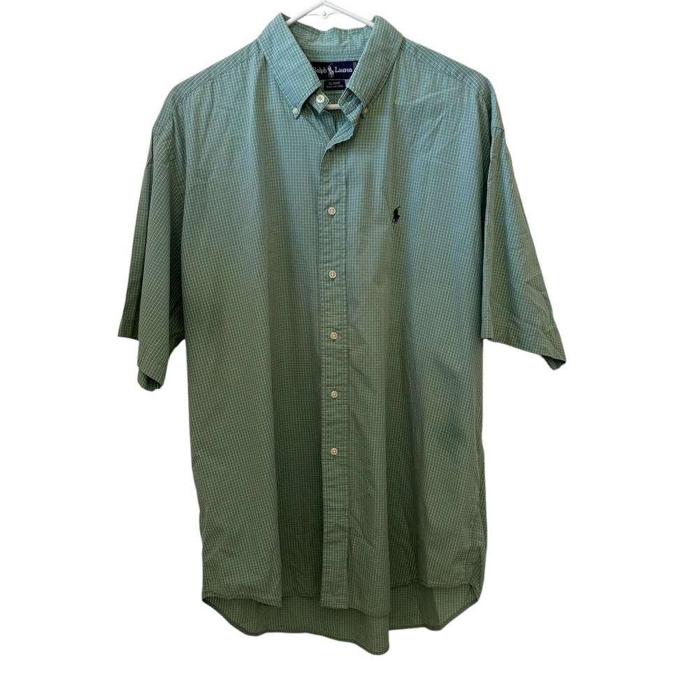 Ralph Lauren Blaire Men's Large Short Sleeve Shirt Mint Green Check 100% Cotton‎